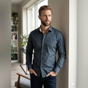 Via Uomo Men’s Luxury Paisley Button-Down Shirt | Navy Blue |